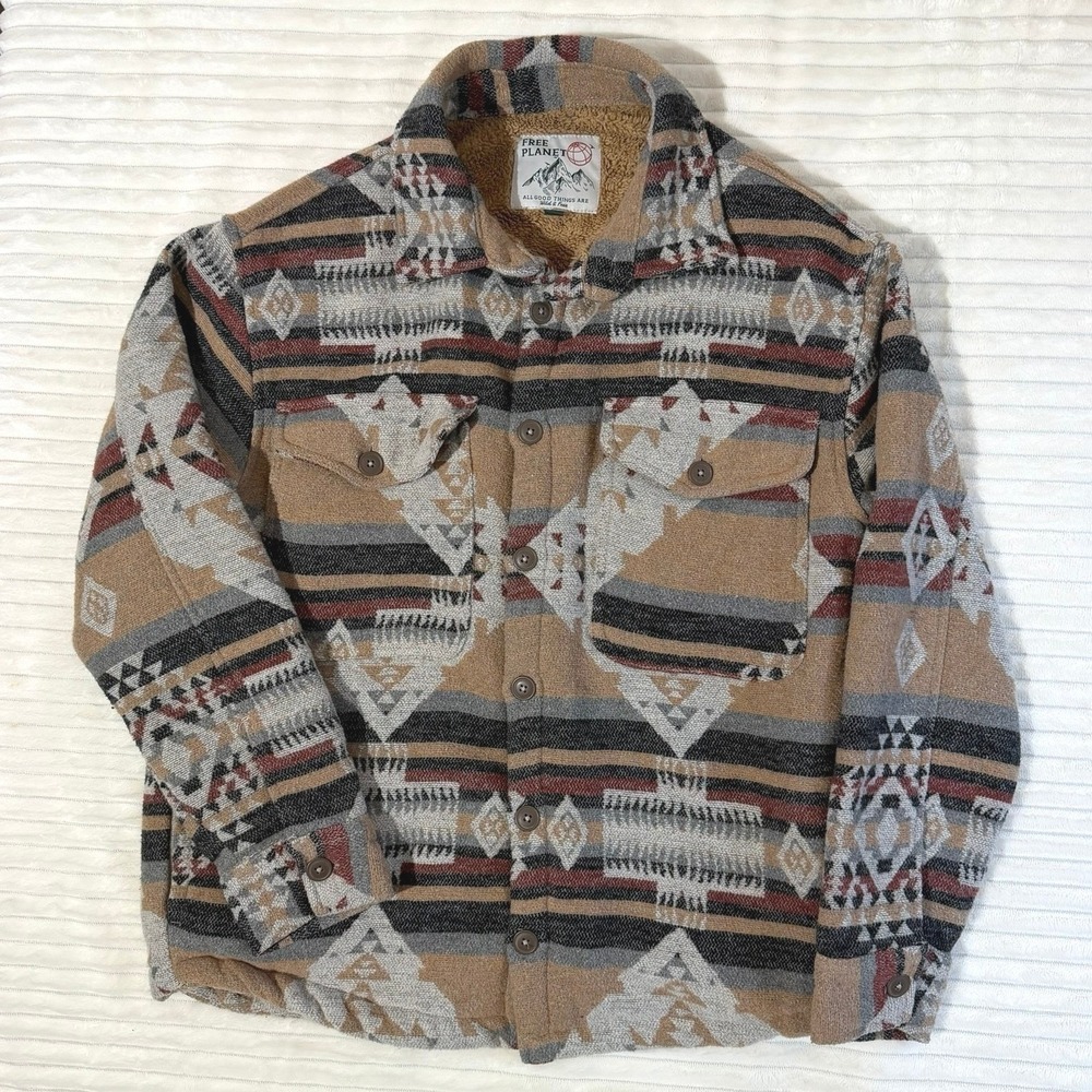 Free Planet Mens Aztec‎ Sherpa Lined Shacket Geometric Shirt Jacket Brown Medium